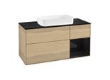 Villeroy und Boch Finion Waschtischunterschrank F302PHPC 120cm, Abdeckplatte black matt, Regal rechts Glossy Black Lacquer, Oak Veneer