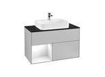Villeroy und Boch Finion Waschtischunterschrank G362GFGJ 100cm, Abdeckplatte black matt, Emotion, Regal links Glossy white lacquer, Light grey matt