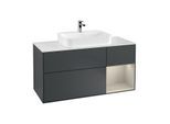 Villeroy und Boch Finion Waschtischunterschrank F421HHHG 120cm, Abdeckplatte white matt, Regal rechts Sand Matt, Midnight Blue Matt Lacquer