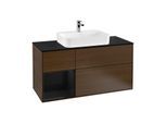 Villeroy und Boch Finion Waschtischunterschrank G412PHGN 120cm, Abdeckplatte black matt, Emotion, Regal links Glossy Black Lacquer, Walnut veneer