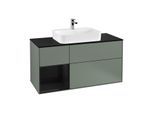 Villeroy und Boch Finion Waschtischunterschrank F412PHGM 120cm, Abdeckplatte black matt, Regal links Glossy Black Lacquer, Olive Matt Lacquer