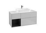 Villeroy und Boch Finion Waschtischunterschrank F411PDGJ 120cm, Abdeckplatte white matt, Regal links Black matt lacquer, Light grey matt