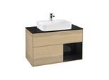 Villeroy und Boch Finion Waschtischunterschrank F372PHPC 100cm, Abdeckplatte black matt, Regal rechts Glossy Black Lacquer, Oak Veneer