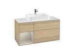 Villeroy und Boch Finion Waschtischunterschrank G411HHPC 120cm, Abdeckplatte white matt, Emotion, Regal links Sand Matt Lacquer, Oak Veneer