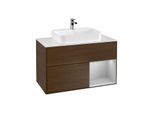 Villeroy und Boch Finion Waschtischunterschrank F371GJGN 100cm, Abdeckplatte white matt, Regal rechts Light grey matt, Walnut veneer