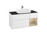 Villeroy und Boch Finion Waschtischunterschrank F422PCGF 120cm, Abdeckplatte black matt, Regal rechts Oak Veneer, Glossy white lacquer