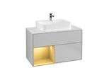 Villeroy und Boch Finion Waschtischunterschrank F111HFGJ 100cm, Abdeckplatte black matt, Regal links Gold matt, Light grey matt