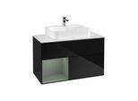 Villeroy und Boch Finion Waschtischunterschrank F111GMPH 100cm, Abdeckplatte black matt, Regal links Olive Matt Lacquer, Glossy Black Lacquer