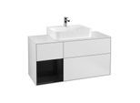 Villeroy und Boch Finion Waschtischunterschrank G161PHMT 120cm, Abdeckplatte white matt, Emotion, Regal links Glossy Black Lacquer, White matt lacquer
