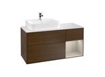 Villeroy und Boch Finion Waschtischunterschrank F151HHGN 120cm, Abdeckplatte white matt, Regal rechts Sand Matt, Walnut veneer