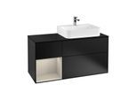 Villeroy und Boch Finion Waschtischunterschrank F142HHPD 120cm, Abdeckplatte Glass Black Matt, Regal links Sand Matt Lacquer, Black matt lacquer