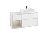 Villeroy und Boch Finion Waschtischunterschrank G141HHGF 120cm, Abdeckplatte white matt, Emotion, Regal links Sand Matt Lacquer, Glossy white lacquer