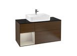 Villeroy und Boch Finion Waschtischunterschrank F162HHGN 120cm, Abdeckplatte black matt, Regal links Sand Matt Lacquer, Walnut veneer