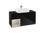 Villeroy und Boch Finion Waschtischunterschrank F162HHPH 120cm, Abdeckplatte black matt, Regal links Sand Matt Lacquer, Glossy Black Lacquer