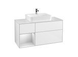 Villeroy und Boch Finion Waschtischunterschrank F161MTGF 120cm, Abdeckplatte white matt, Regal links White matt lacquer, Glossy white lacquer