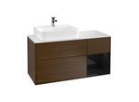 Villeroy und Boch Finion Waschtischunterschrank G151PHGN 120cm, Abdeckplatte white matt, Emotion, Regal links Glossy Black Lacquer, Walnut veneer