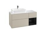 Villeroy und Boch Finion Waschtischunterschrank G151PHHH 120cm, Abdeckplatte white matt, Emotion, Regal links Glossy Black Lacquer, Sand Matt Lacquer