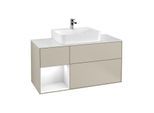 Villeroy und Boch Finion Waschtischunterschrank G161GFHH 120cm, Abdeckplatte white matt, Emotion, Regal links Glossy white lacquer, Sand Matt Lacquer