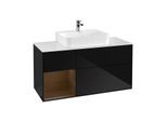 Villeroy und Boch Finion Waschtischunterschrank G161GNPH 120cm, Abdeckplatte white matt, Emotion, Regal links Walnut veneer, Glossy Black Lacquer