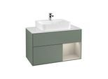Villeroy und Boch Finion Waschtischunterschrank G121HHGM 100cm, Abdeckplatte white matt, Emotion, Regal rechts Sand Matt, Olive Matt Lacquer