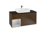 Villeroy und Boch Finion Waschtischunterschrank F162GJGN 120cm, Abdeckplatte black matt, Regal links Light grey matt, Walnut veneer