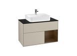 Villeroy und Boch Finion Waschtischunterschrank F122GNHH 100cm, Abdeckplatte black matt, Regal rechts Walnut veneer, Sand Matt Lacquer