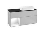 Villeroy und Boch Finion Waschtischunterschrank F272GFGJ 120cm, Abdeckplatte black matt, Regal links Glossy white lacquer, Light grey matt