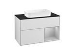Villeroy und Boch Finion Waschtischunterschrank G252GJMT 100cm, Abdeckplatte black matt, Emotion, Regal rechts Light grey matt, White matt lacquer