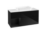Villeroy und Boch Finion Waschtischunterschrank F291PDPH 120cm, Abdeckplatte white matt, Regal links Black matt lacquer, Glossy Black Lacquer