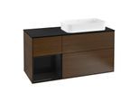 Villeroy und Boch Finion Waschtischunterschrank G272PHGN 120cm, Abdeckplatte black matt, Emotion, Regal links Glossy Black Lacquer, Walnut veneer