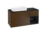 Villeroy und Boch Finion Waschtischunterschrank F282PHGN 120cm, Abdeckplatte black matt, Regal rechts Glossy Black Lacquer, Walnut veneer