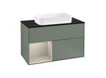 Villeroy und Boch Finion Waschtischunterschrank F242HHGM 100x60,3cm, Abdeckplatte black matt, Regal links Sand Matt Lacquer, Olive Matt Lacquer