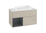 Villeroy und Boch Finion Waschtischunterschrank F241HGHH 100x60,3cm, Abdeckplatte white matt, Regal links Midnight Blue Matt Lacquer, Sand Matt Lacquer