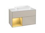 Villeroy und Boch Finion Waschtischunterschrank G241HFHH 100cm, Abdeckplatte white matt, Emotion, Regal links Gold matt, Sand Matt Lacquer