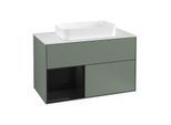 Villeroy und Boch Finion Waschtischunterschrank F241PHGM 100x60,3cm, Abdeckplatte white matt, Regal links Glossy Black Lacquer, Olive Matt Lacquer
