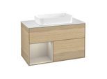 Villeroy und Boch Finion Waschtischunterschrank F241HHPC 100x60,3cm, Abdeckplatte white matt, Regal links Sand Matt Lacquer, Oak Veneer