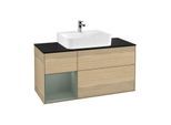 Villeroy und Boch Finion Waschtischunterschrank G162GMPC 120cm, Abdeckplatte black matt, Emotion, Regal links Olive Matt Lacquer, Oak Veneer