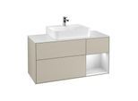 Villeroy und Boch Finion Waschtischunterschrank F171MTHH 120cm, Abdeckplatte white matt, Regal rechts White matt lacquer, Sand Matt Lacquer