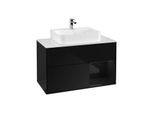 Villeroy und Boch Finion Waschtischunterschrank F121PHPH 100cm, Abdeckplatte weiß matt, Regal rechts Glossy Black Lacquer, Glossy Black Lacquer