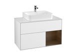 Villeroy und Boch Finion Waschtischunterschrank F121GNGF 100cm, Abdeckplatte weiß matt, Regal rechts Walnut veneer, Glossy white lacquer