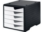 Schubladenbox styro® styroswing, 5 Schübe, Auszugsperre & Griffmulde, stapelbar, B 270 x T 340 x H 255 mm, Polystyrol, schwarz-weiß