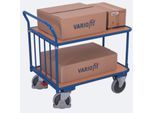 Schiebebügelwagen, Stahl/MDF-Platte, Enzianblau/Buche-Dekor, 2 Etagen, L 830 x B 495 mm, senkrechte Streben, TPE-Rollen mit EasySTOP, bis 400 kg