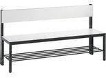 Sitzbank Basic Plus, 1-seitig, Rückenlehne, mit Schuhrost, 4-Fußgestell schwarzgrau RAL 7021, B 1500 mm, Dekor weiß