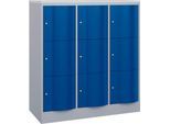 C+P Schließfachschrank Resisto, 3 Abteile, 9 Fächer, B 1148 x T 540 x H 1255 mm, Weißalu/Enzianblau
