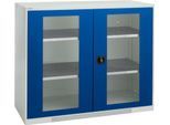 Schäfer Shop Genius Sichttürschrank FS, 3 OH, abschließbar, 2 Fachböden, bis 450 kg, B 1343 mm, Stahl, lichtgrau RAL 7035/enzianblau RAL 5010
