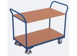 Tischwagen, Stahl/MDF-Platte, Enzianblau/Buche-Dekor, 2 Etagen, L 850 x B 500 mm, TPE-Rollen mit EasySTOP, bis 200 kg