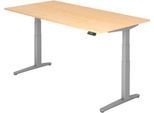 Schreibtisch TOPAS LINE, elektrisch höhenverstellbar, C-Fuß, B 2000 x T 1000 x H 650-1300 mm, Ahorn/weißaluminium + Memoryschalter, Kabelkanal