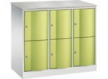 C+P Schließfachschrank Resisto, 3 Abteile, 6 Fächer, B 1148 x T 540 x H 1077 mm, Lichtgrau/Clowngrün