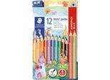 Buntstifte Staedtler Noris® jumbo 128, 3-Kant, ABS-Minenschutz, Sternchendesign & Namensfeld, FSC®-zertifiziert, farbsortiert, 12 Stück + Anspitzer