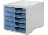 Schubladenbox styro® styroswing, 5 Schübe, Auszugsperre & Griffmulde, stapelbar, B 270 x T 340 x H 255 mm, Polystyrol, grau-taubenblau